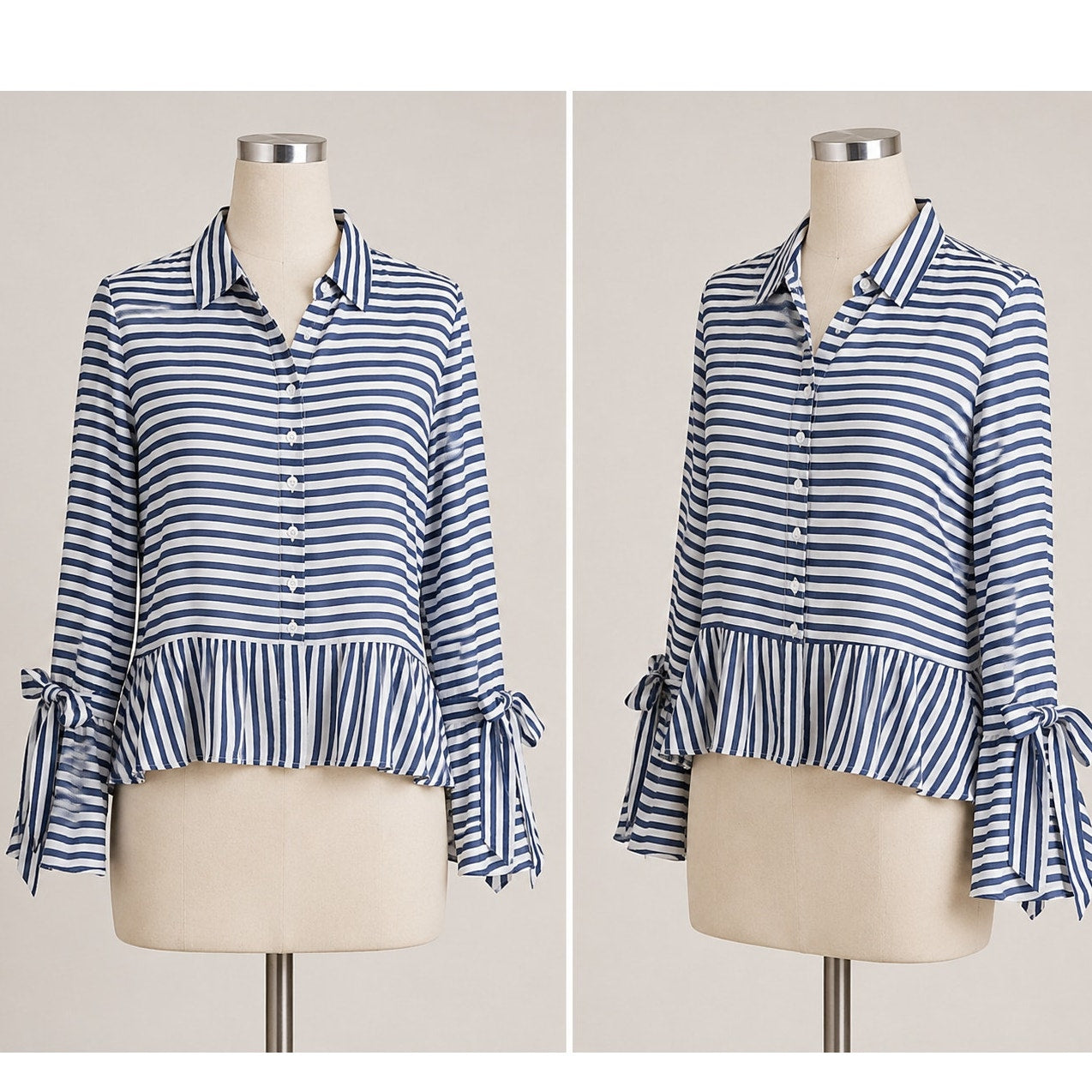 Artelier Blue and White Stripe Collar Button Down Bell Tie Sleeve Blouse XS