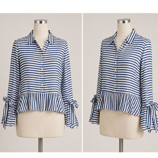 Artelier Blue and White Stripe Collar Button Down Bell Tie Sleeve Blouse XS