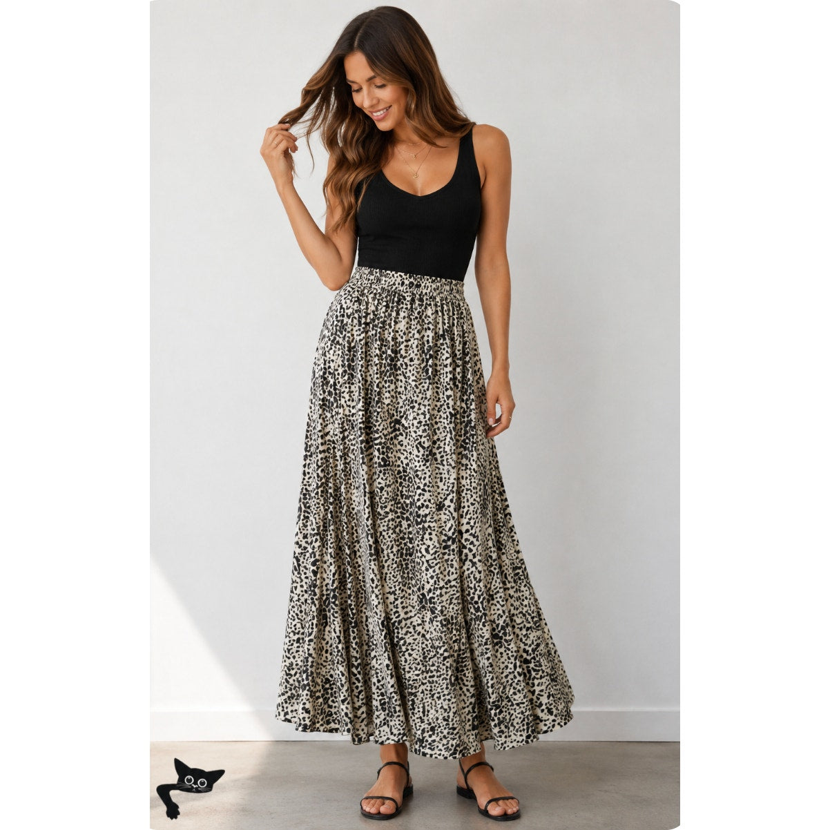 Lusana Tan & Black Cheetah Print Elastic Waist Flowy Saasha Skirt S