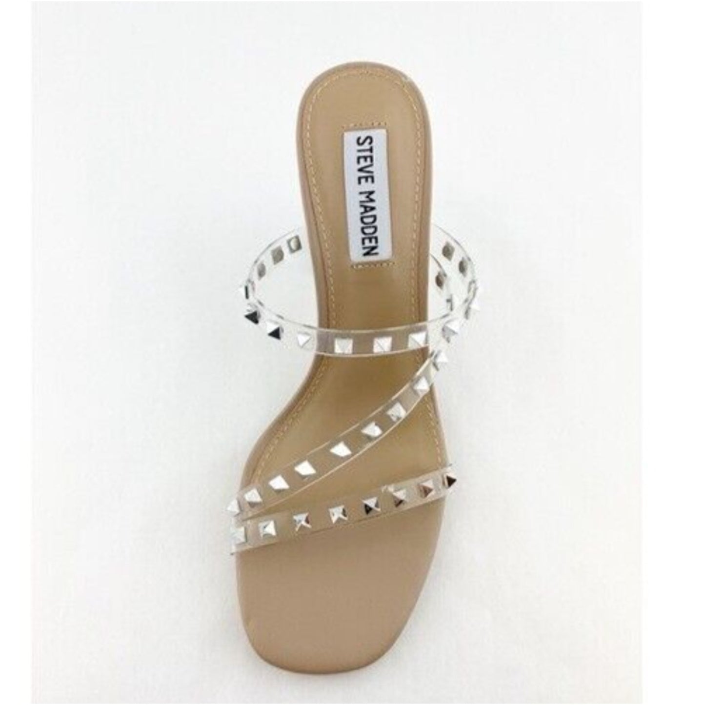 Steve Madden Nude Lucite Tangent Cone Heel Clear Silver Studded Strappy Sandal 9