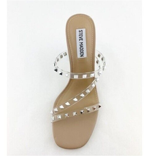 Steve Madden Nude Lucite Tangent Cone Heel Clear Silver Studded Strappy Sandal 9