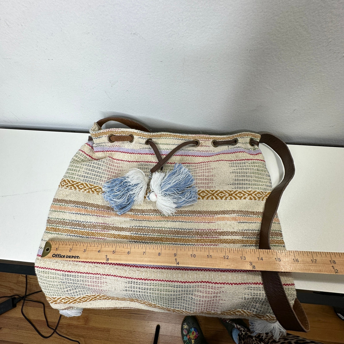 Lovestitch Tan Multicolor Striped Canvas Boho Bag Drawstring Snap Closure
