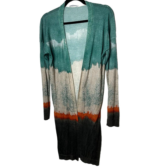 Printed Artworks Cashmere Silk Teal Tan Brown Orange Stripe Long Cardigan Small
