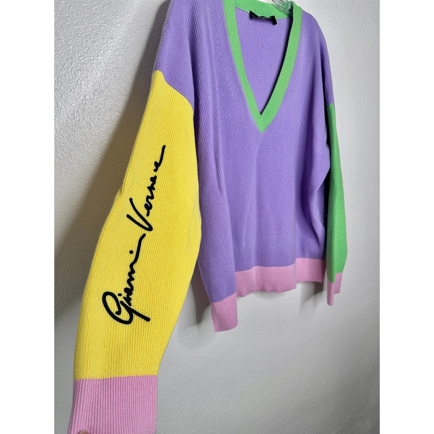 Versace Colorblock Cashmere V-Neck Sweater Purple/Green Women’s S IT38