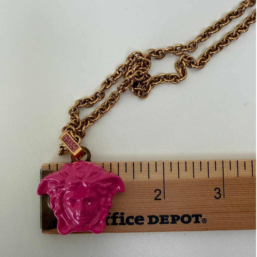 Versace Medusa Pink Resin Gold Tone Pendant Necklace
