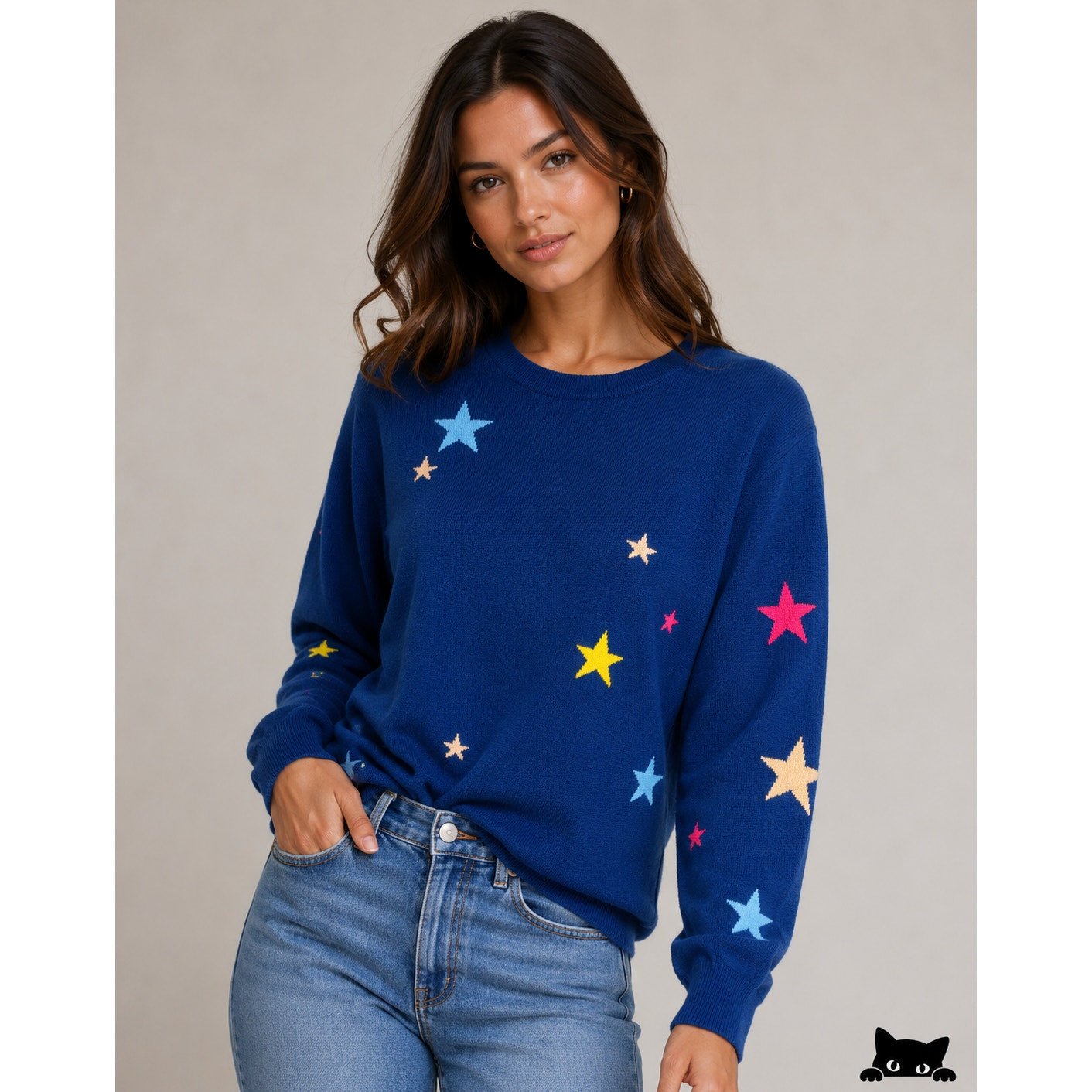 Chinti & Parker Navy Multi Star Long Sleeve Crewneck Sweater L