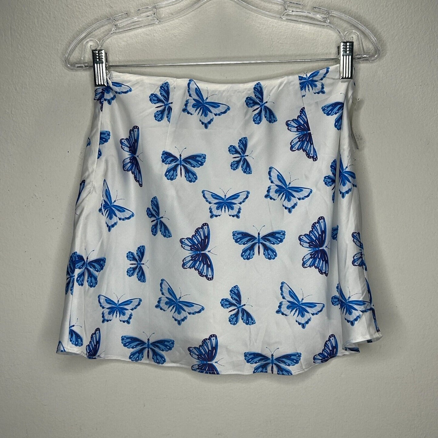NWT Satin White & Blue Butterfly Print 2-Piece Set Crop Top & Mini Skirt