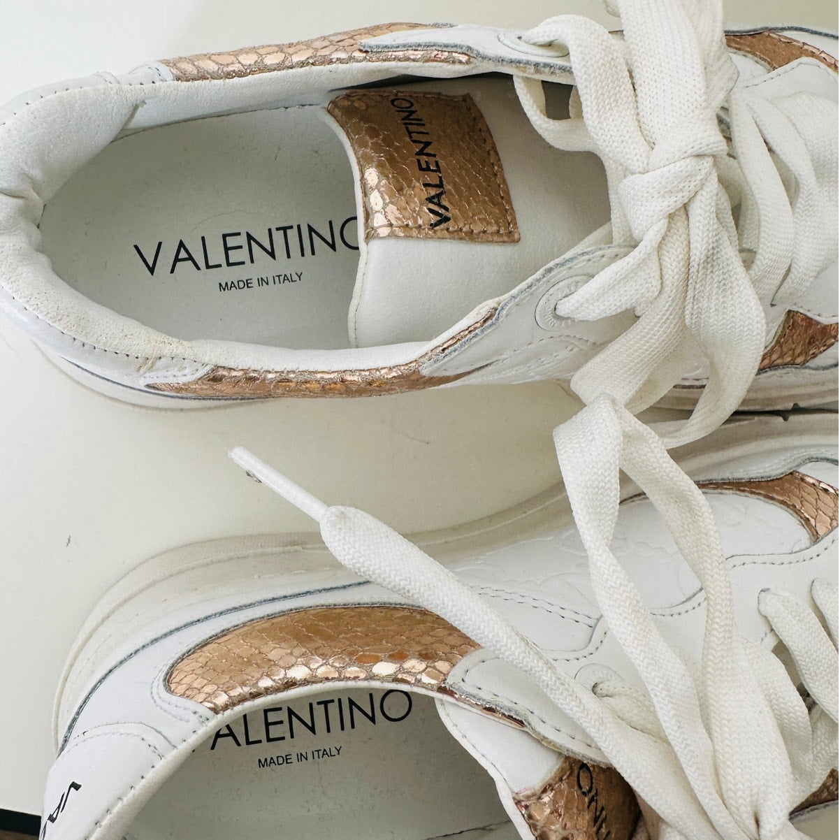 Valentino Minerva Monogram White & Rose Gold Leather Lace Sneaker 9