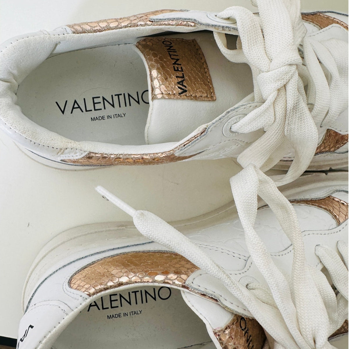 Valentino Minerva Monogram White & Rose Gold Leather Lace Sneaker 9