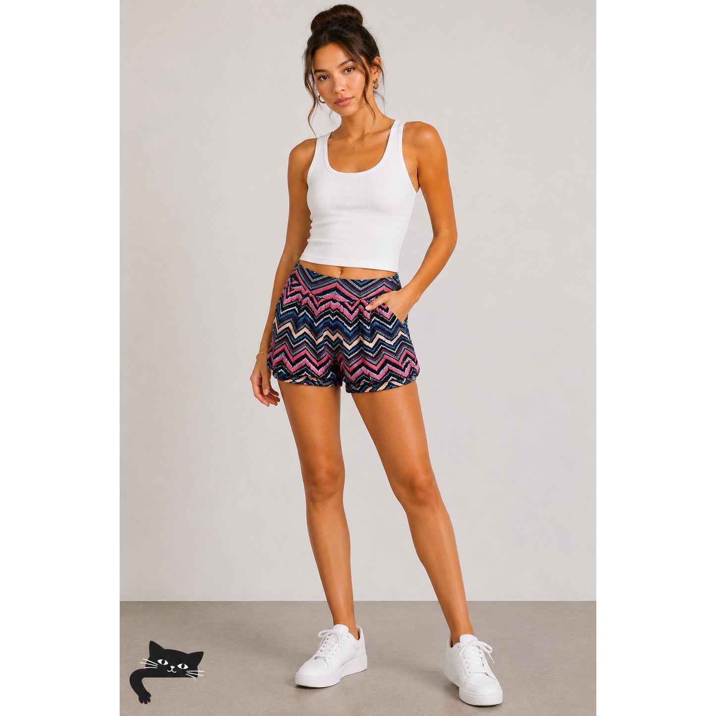Namastday Black Pink and Blue Chevron Loose Fit Knit Short Wide Waist Banded Hem