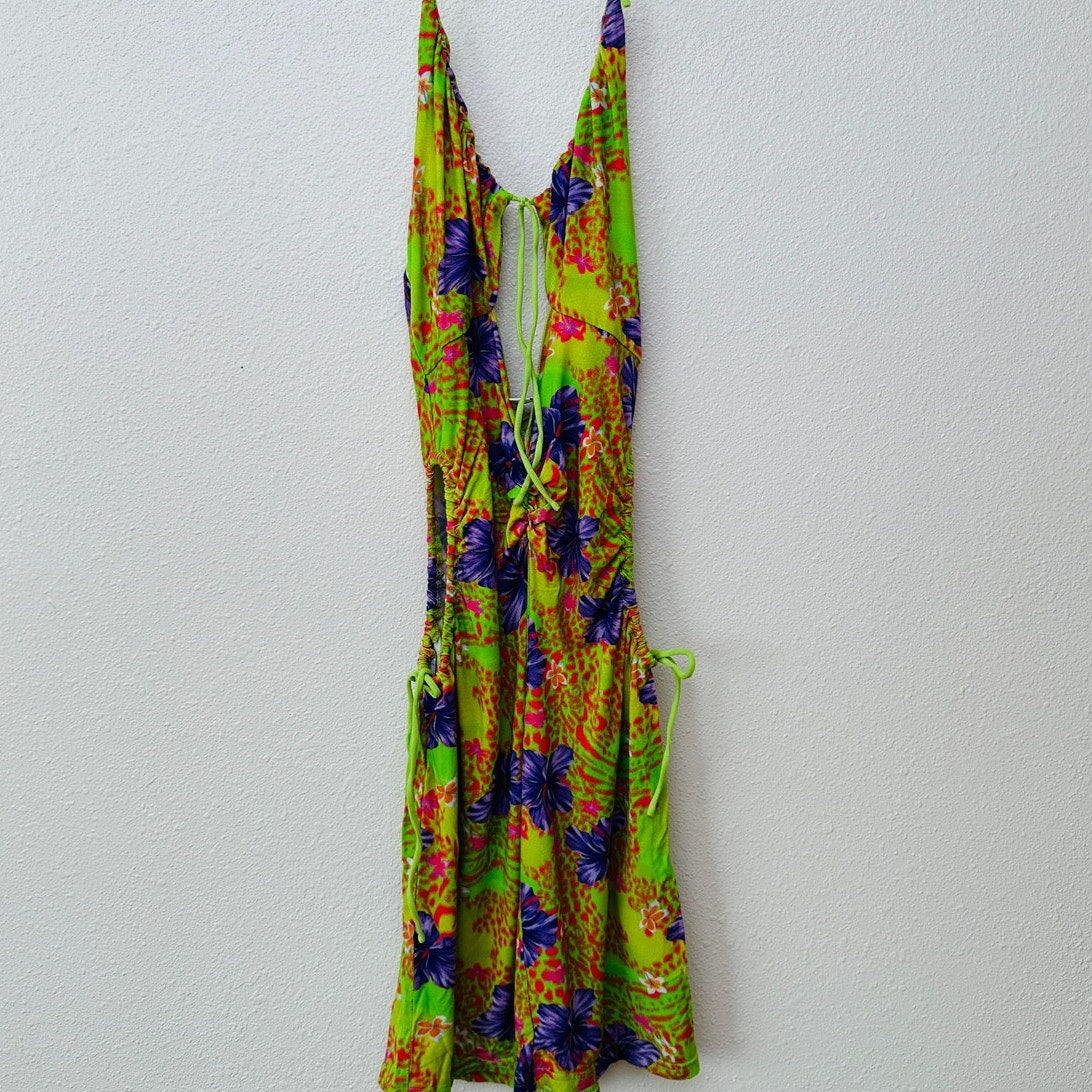I AM GIA Green Floral Cutout Halter Keyhole Mini Dress Women’s S