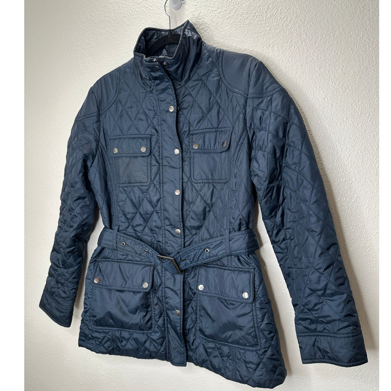 Banana Republic Navy Diamond Quilted Zip Belted Mock Neck Jacket L