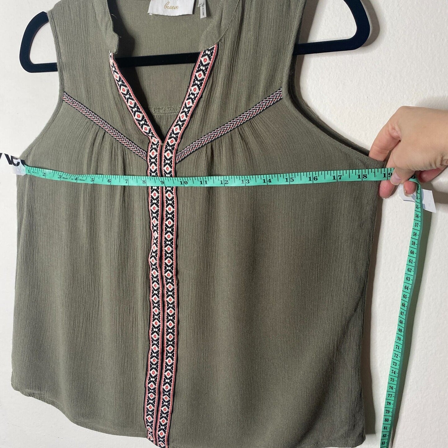 Braeve Olive Green Black Pink & White Aztec Print Trim Sleeveless Flowy Blouse S
