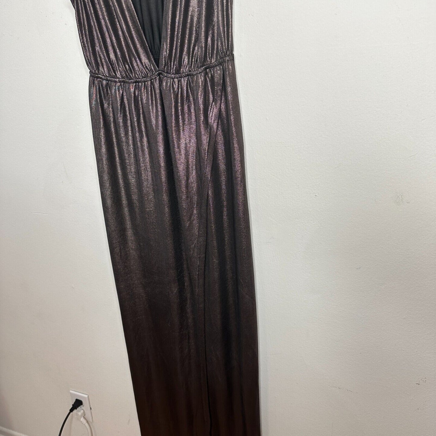 About Us Meredith Plunge Maxi Deep VNeck Sleeveless Shiny Bronze Metallic Small