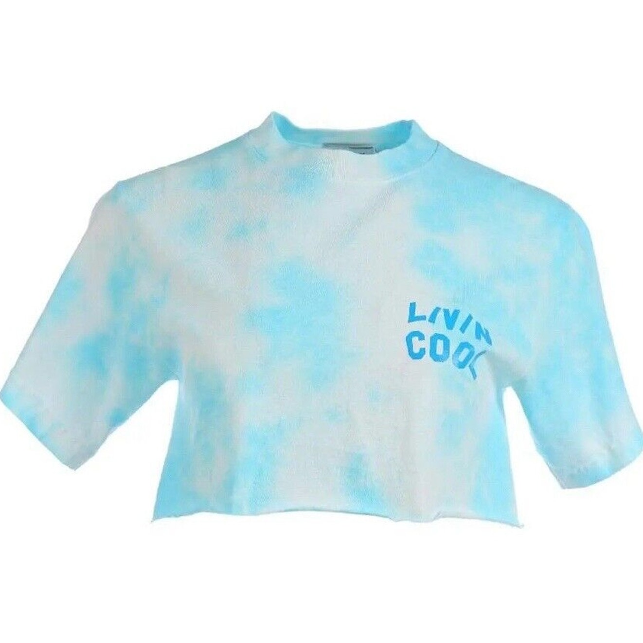 Livin Cool Pale Blue White Tie Dye Livin Cool Logo Short Sleeve Crop Tee XS