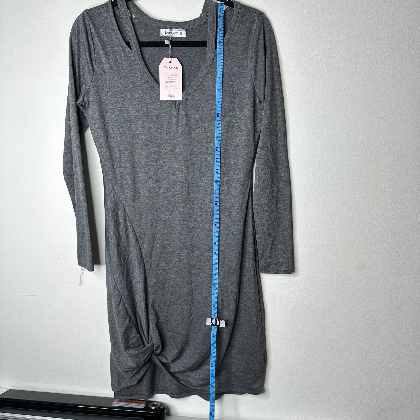NWT Berryou Gray Cold-Shoulder Long Sleeve Front Tie Hem Knit Mini Dress Medium
