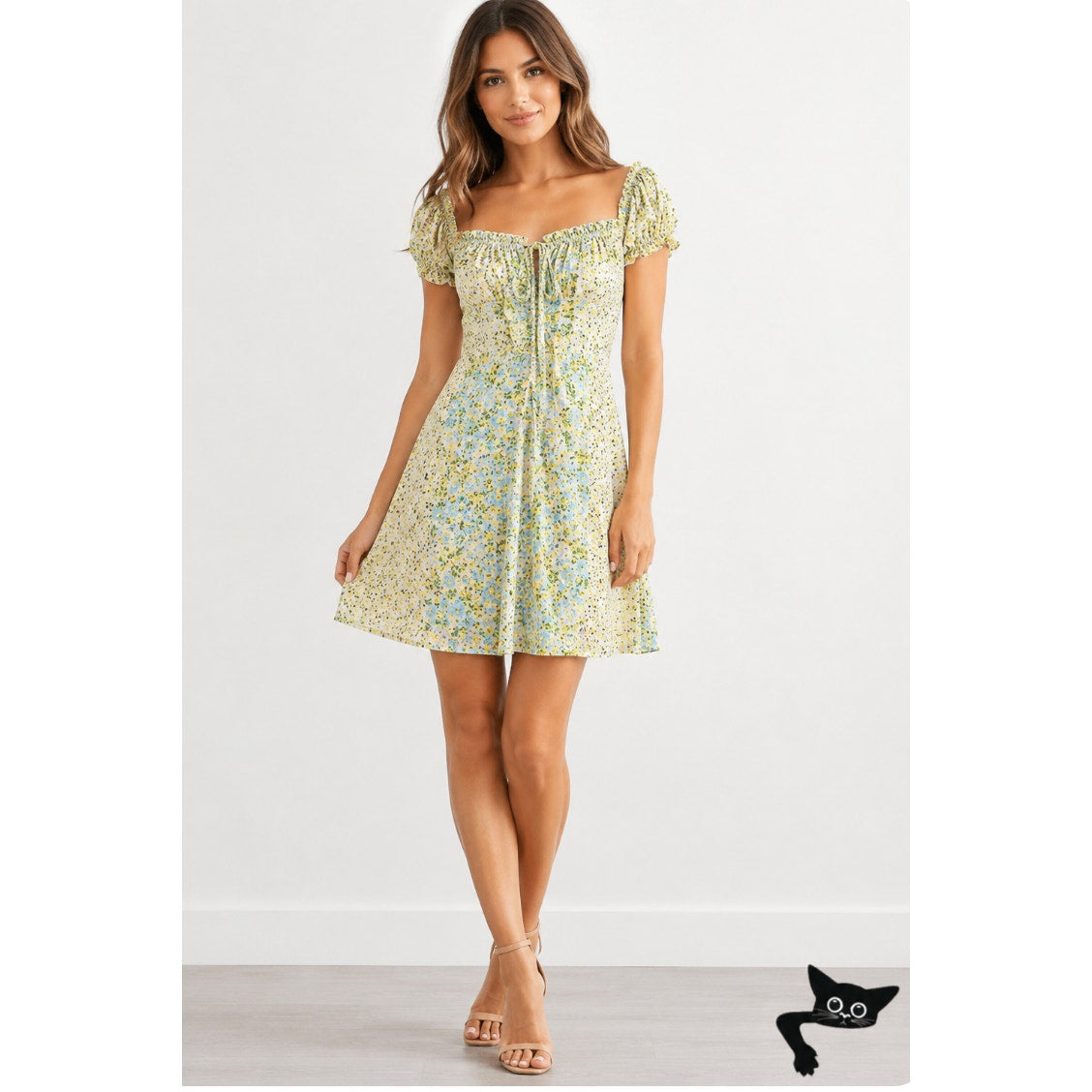 Topshop Cute Yellow Multi Color Ditsy Floral Off Shoulder Mini Puff Sleeve 4