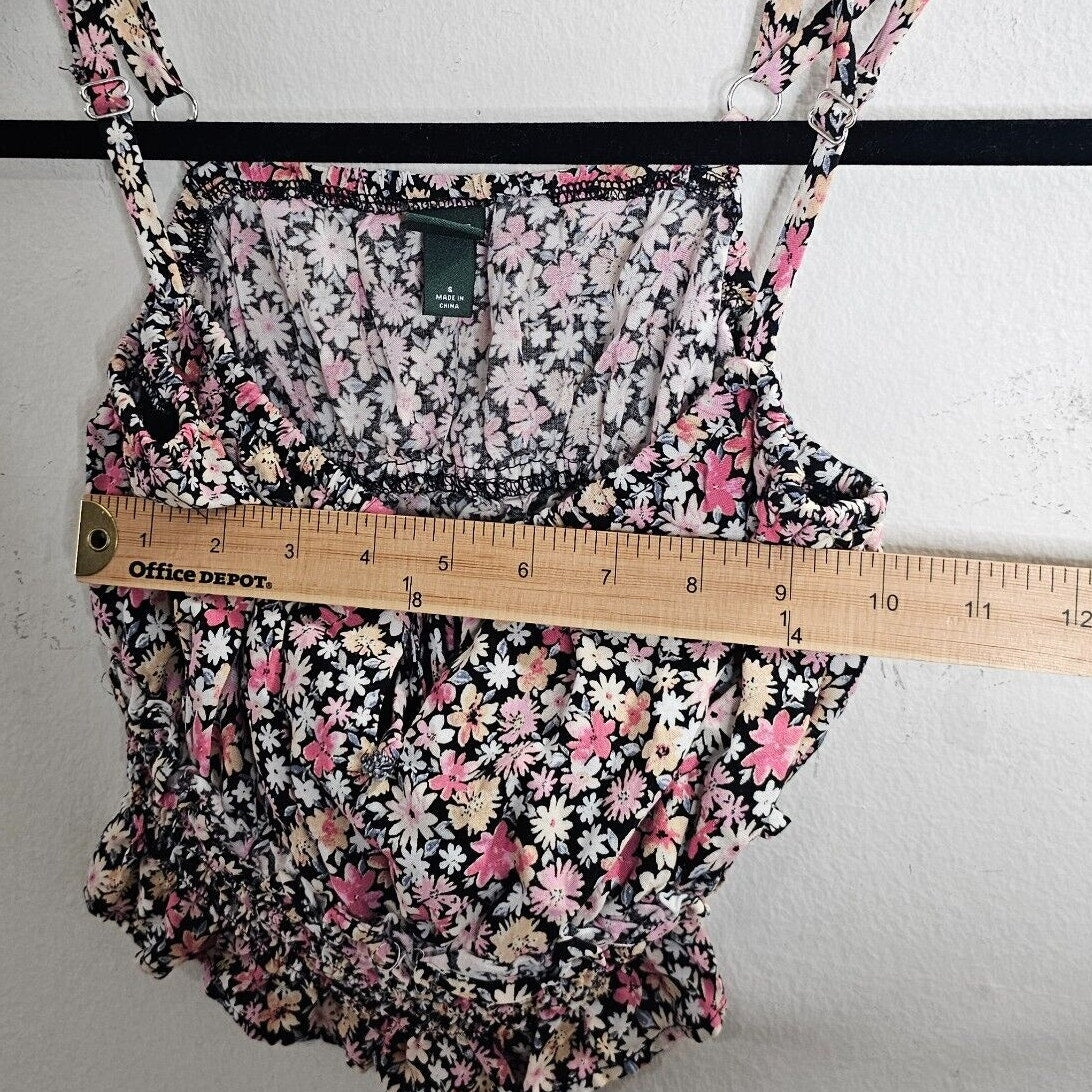 Wild Fable Black Pink Yellow Floral Keyhole Front Ruche Ruffle Crop Top Small
