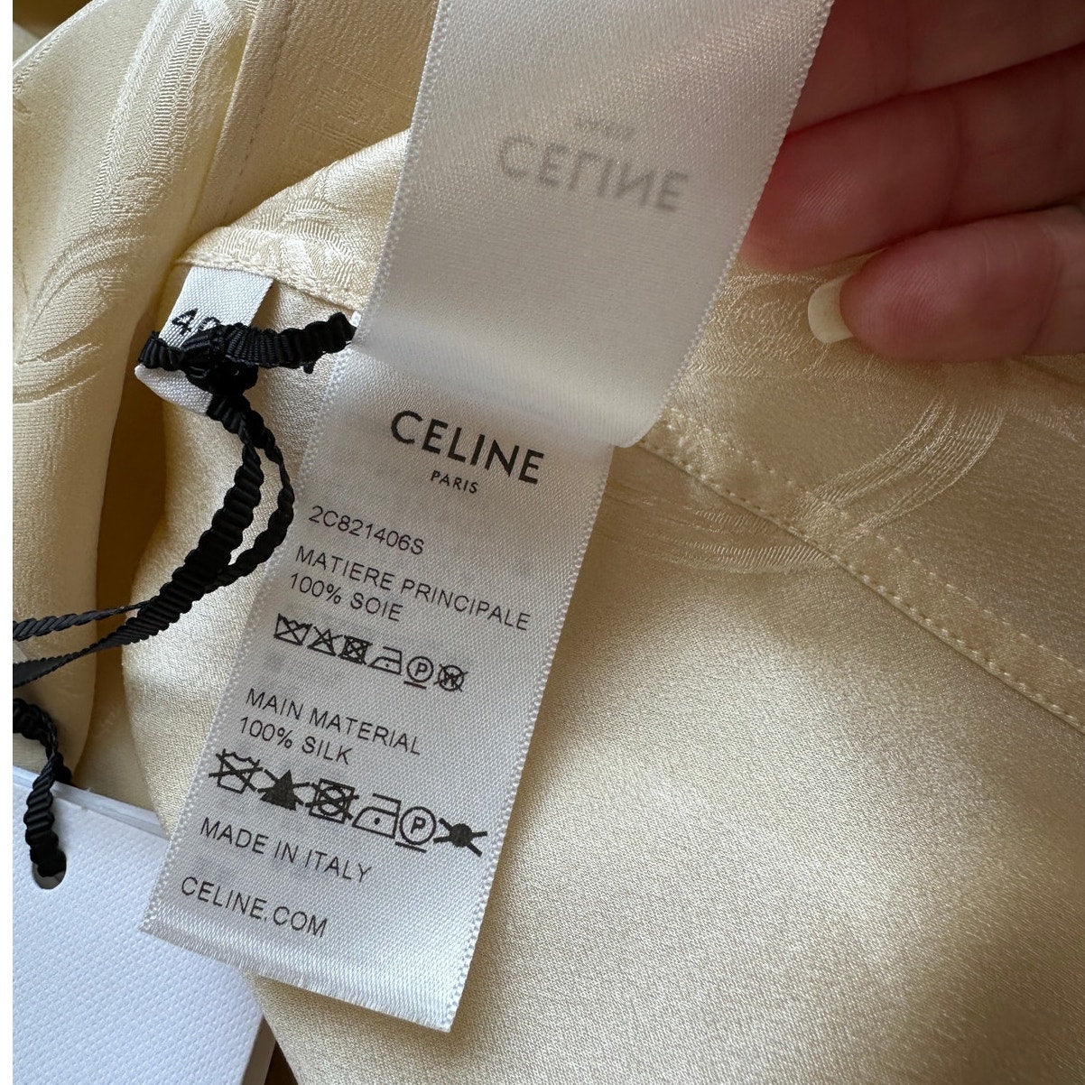 NWT Celine Pale Yellow Chemise Boyfriend Lavallieri Silk Chain Blouse 40 / L
