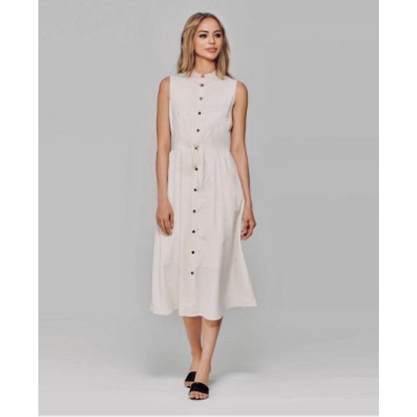Whowhatwhere Cream Sleeveless Mock Neck Button Front Pocket Linen Midi Dress SM