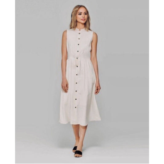 Whowhatwhere Cream Sleeveless Mock Neck Button Front Pocket Linen Midi Dress SM