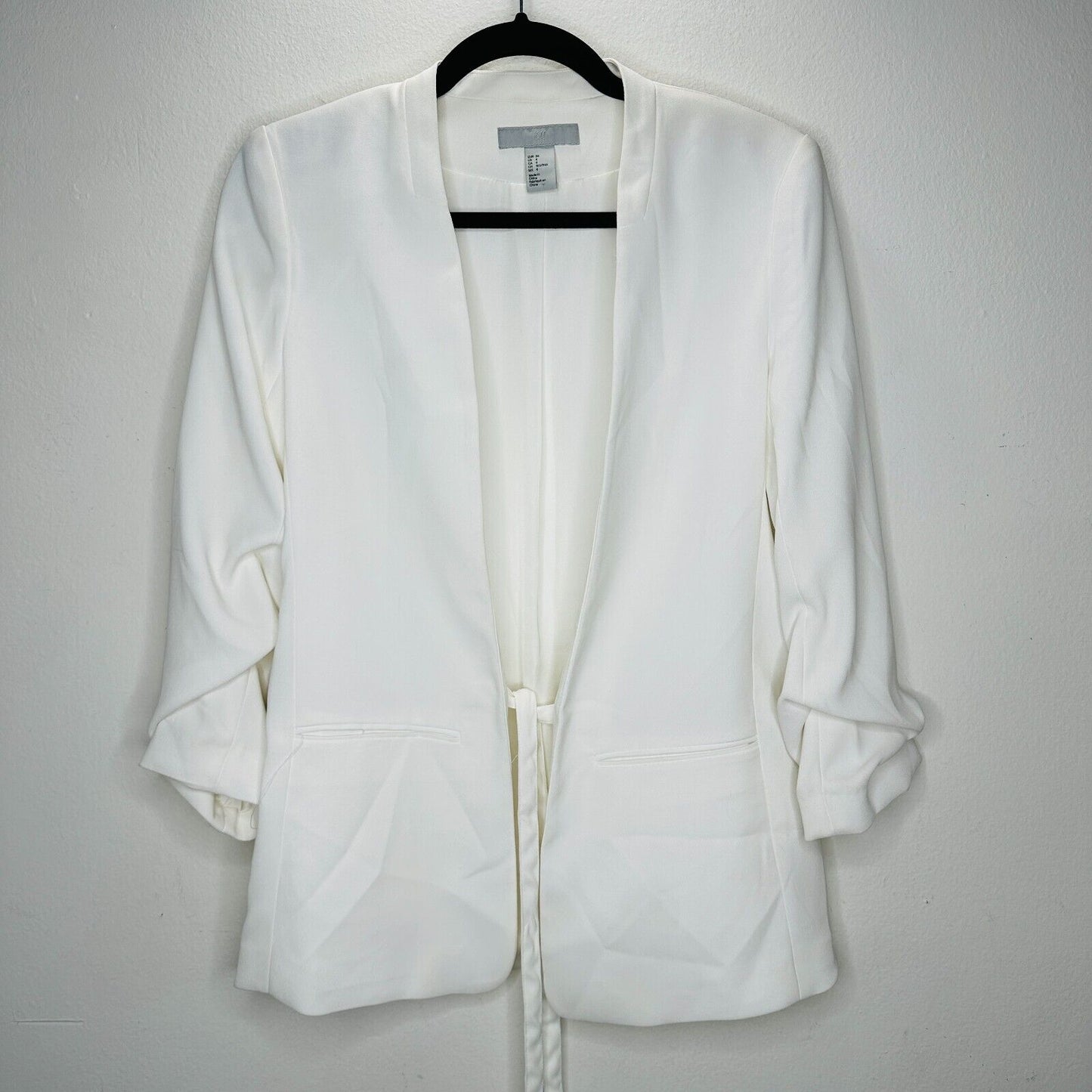 H&M Cream Linen Blend Fitted Blazer Jacket Hook & Eye Front 3/4 Ruched Sleeves 4