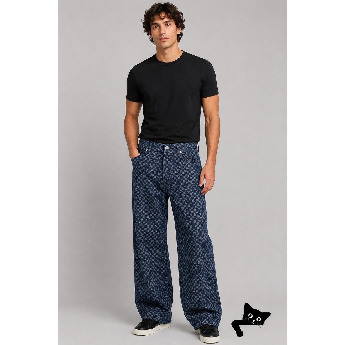 Balmain Men's 32 Blue Monogram Button Fly Wide Leg Jeans