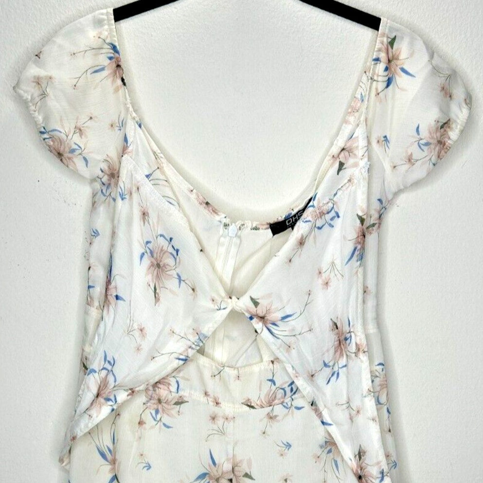 NWT OHS Ivory With Pink & blue Floral Off Shoulder Front Tie Keyhole Romper M