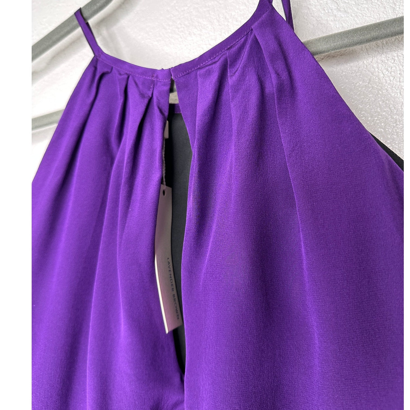 NWT Lavender Brown Purple Silk Front Pleat High Neck Keyhole Back Top L