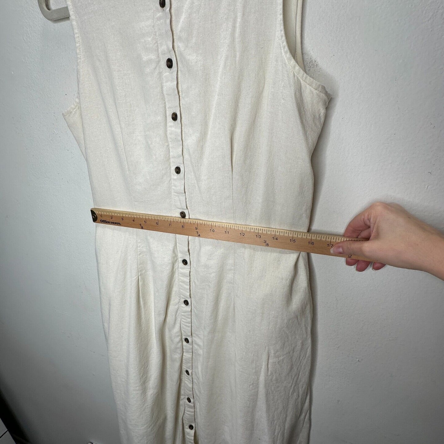 Whowhatwhere Cream Sleeveless Mock Neck Button Front Pocket Linen Midi Dress SM