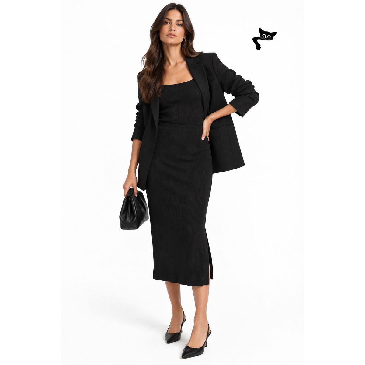 Amour Vert Black Ribbed Modal Midi Pencil Skirt Women's US M