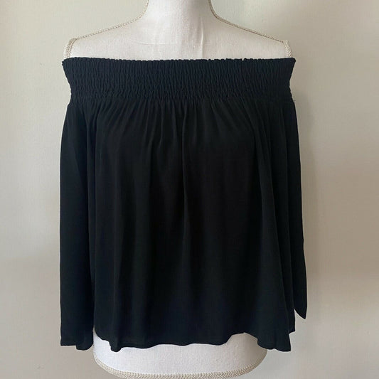 Aritzia Talula Marcilly Off Shoulder Ribbed Black Flowy Blouse Bell Sleeve SM