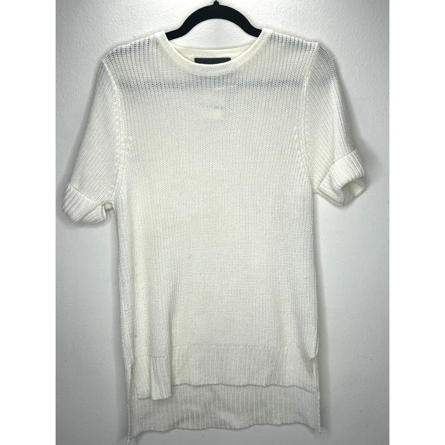 Lovemarks White Ivory Knit Short Cuffed Sleeve High Low Round Neck Sweater S
