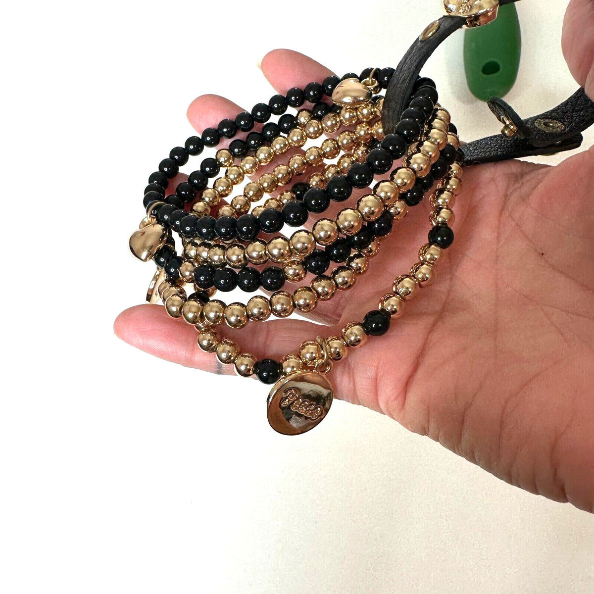NWOT Macy's Black & Gold Multilayer Skull Heart Peace Bead Leather Wrap Bracelet