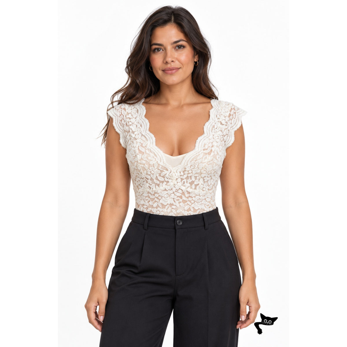 Zara Ivory Floral Lace V Neck Bodysuit Women M