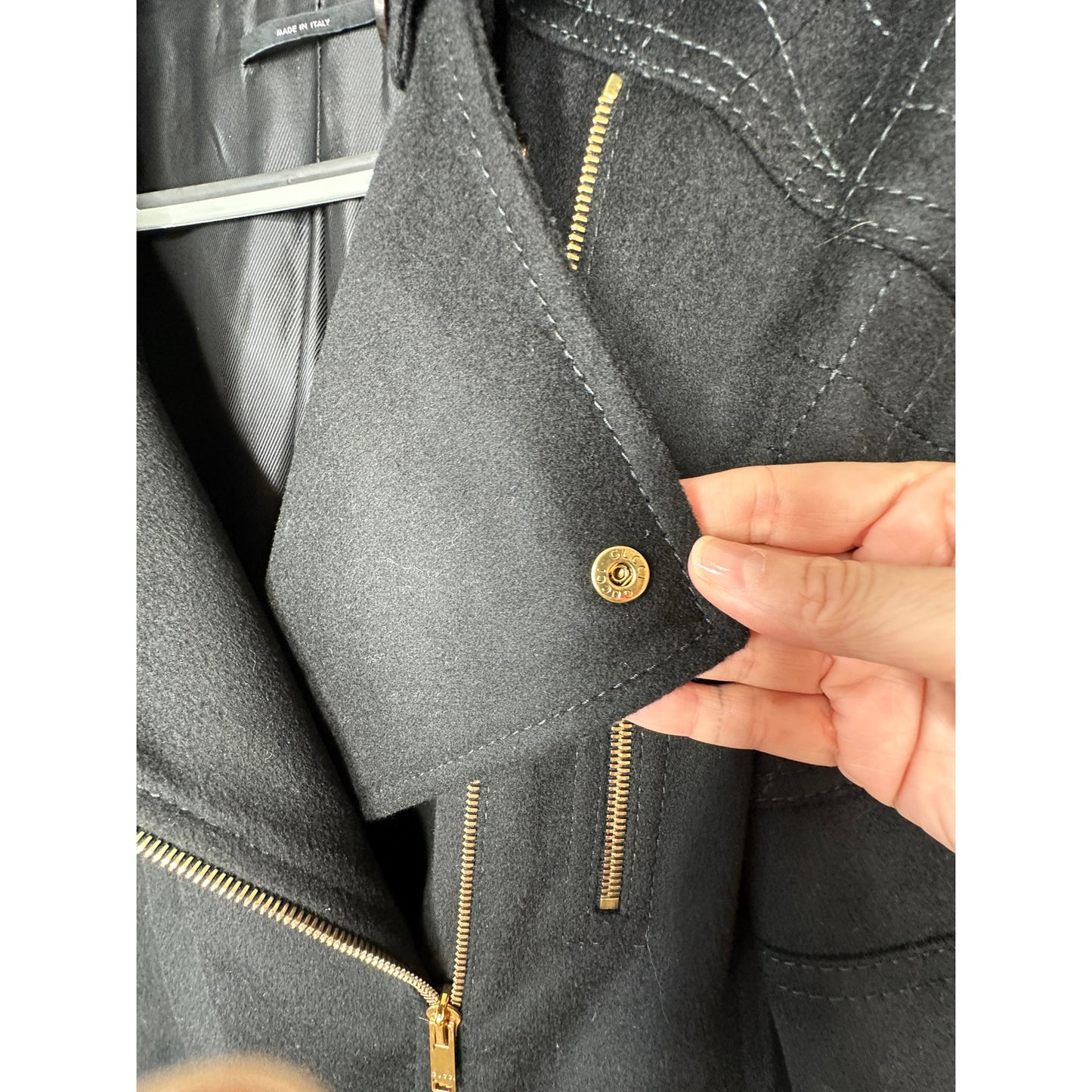 Gucci Black Wool Cashmere Sueded Gold Zip Long Line Trench Coat Jacket 44