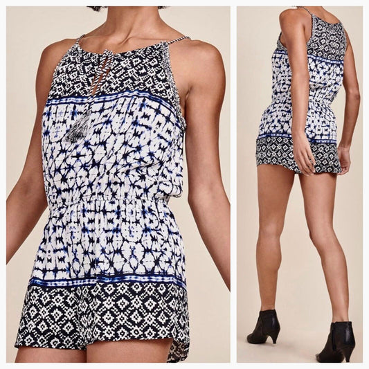 BB Dakota Beale Blue White Aztec Tie Dye Halter Tassel Tie Romper Pockets Small
