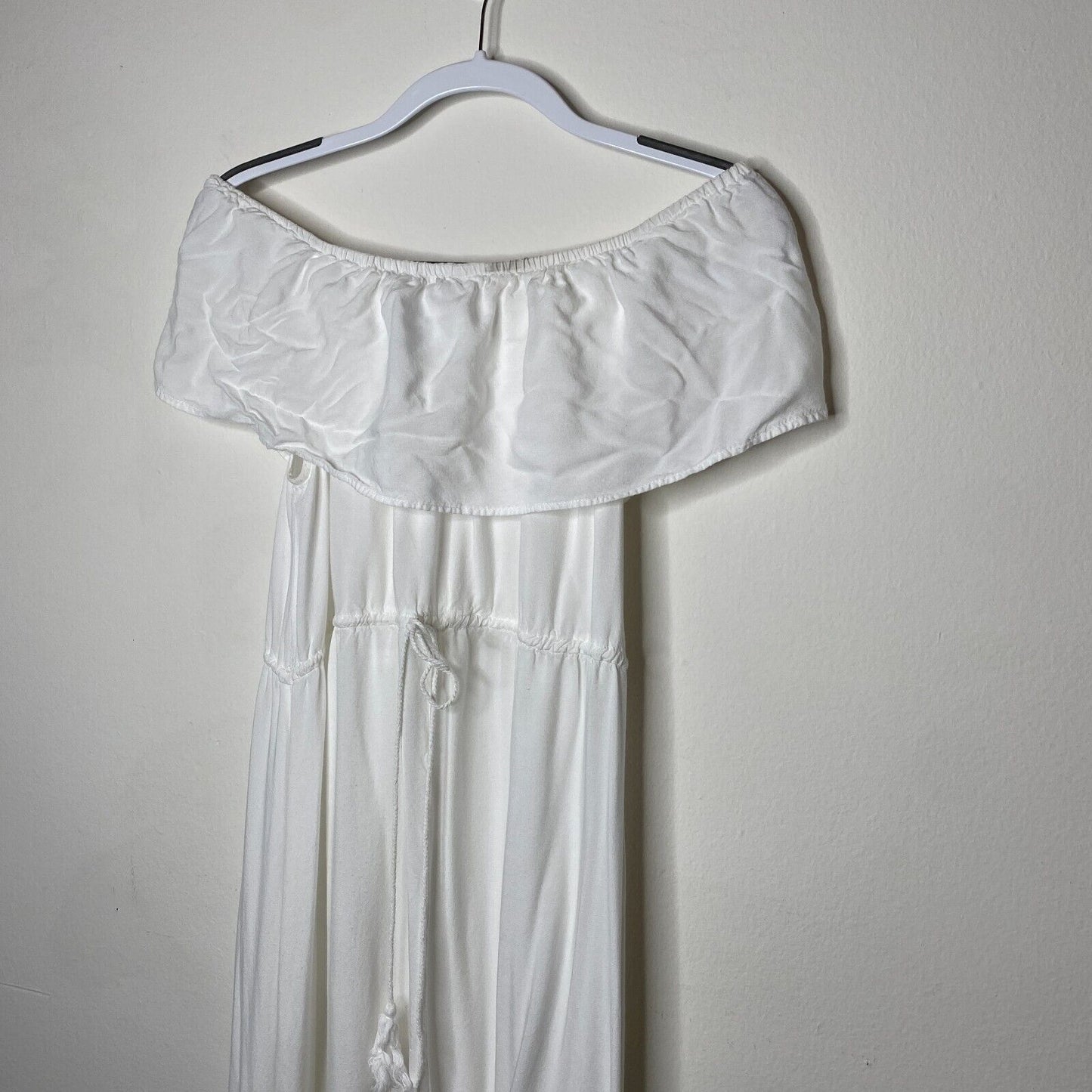 Aqua White Off-Shoulder Flowy Boho Dress Tiered Ruffle Empire Tie Waist Maxi Med