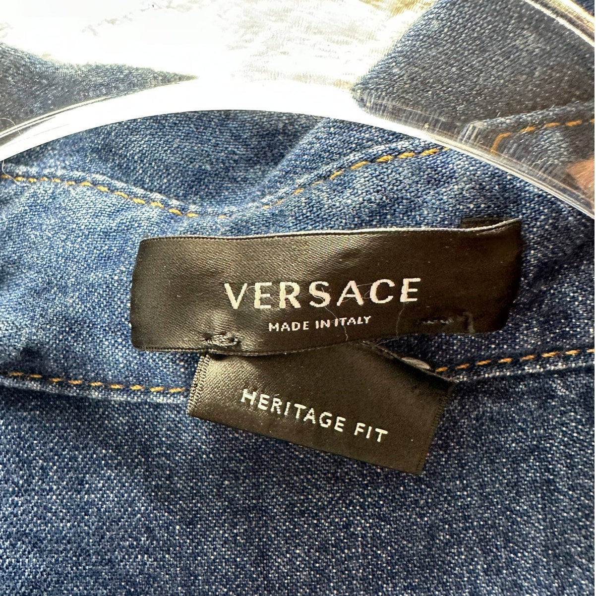 Versace Blue Denim Long Sleeve Pearl Snap Yellow Versace Logo Shirt 41 / Medium