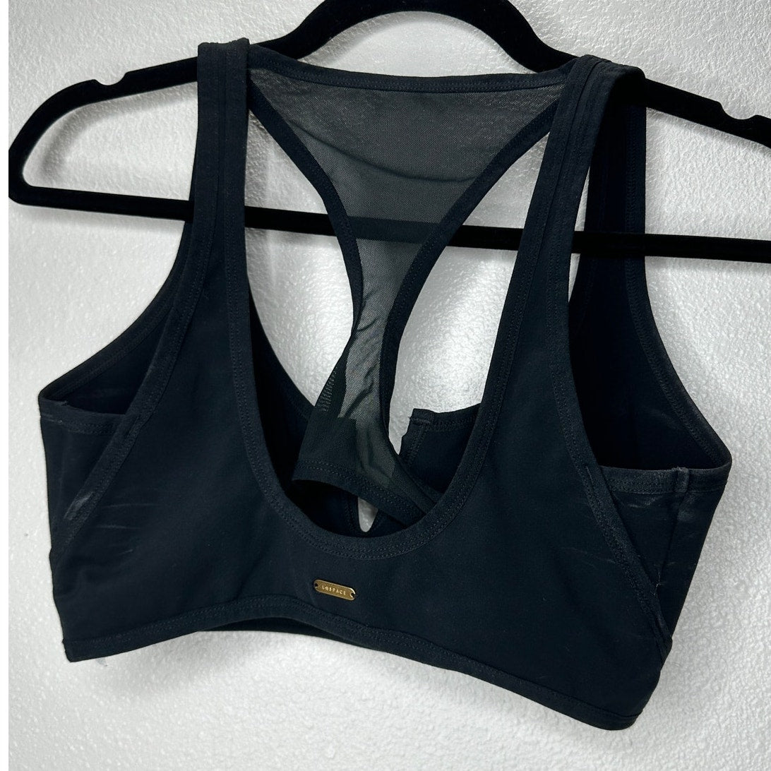 L SPACE Black V-Neck Back Mesh Racerback Sports Bra Large