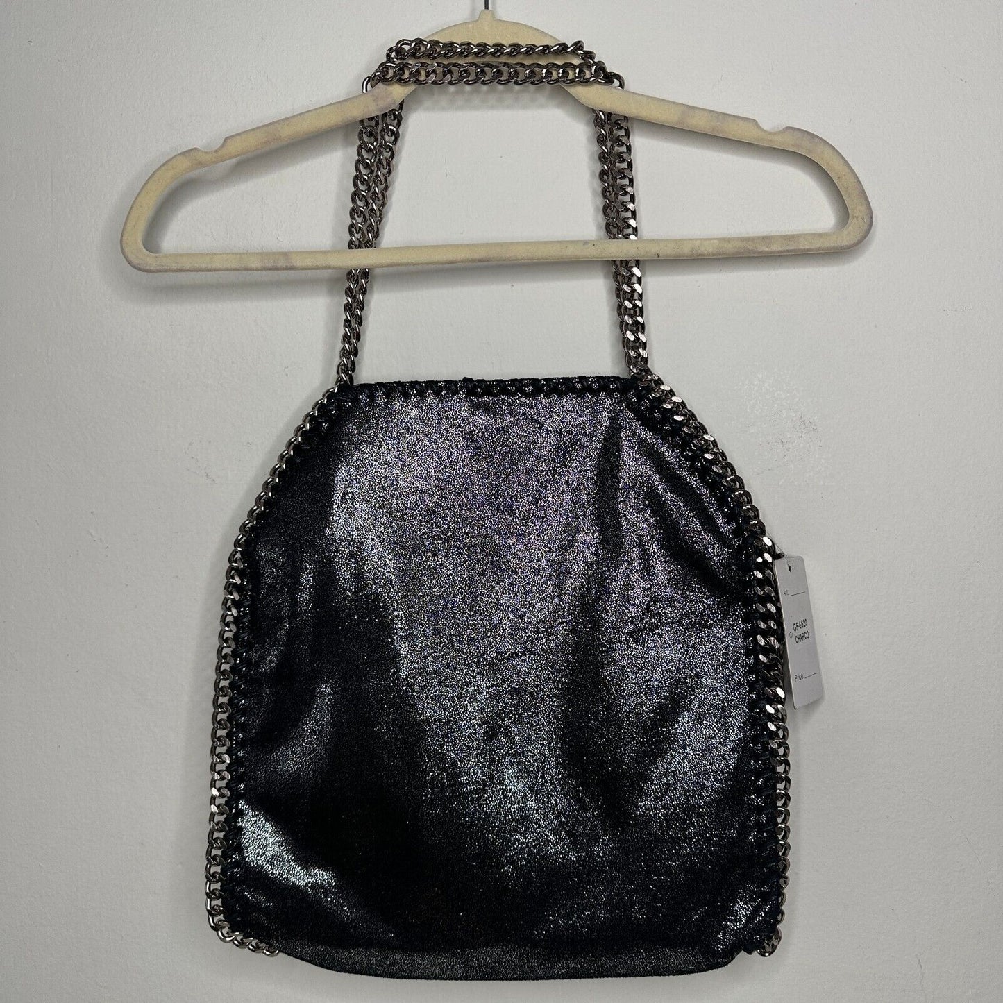 NWT Chic Fabella Style Tote Black Silver Metal Chain Leatherette Zip Snap