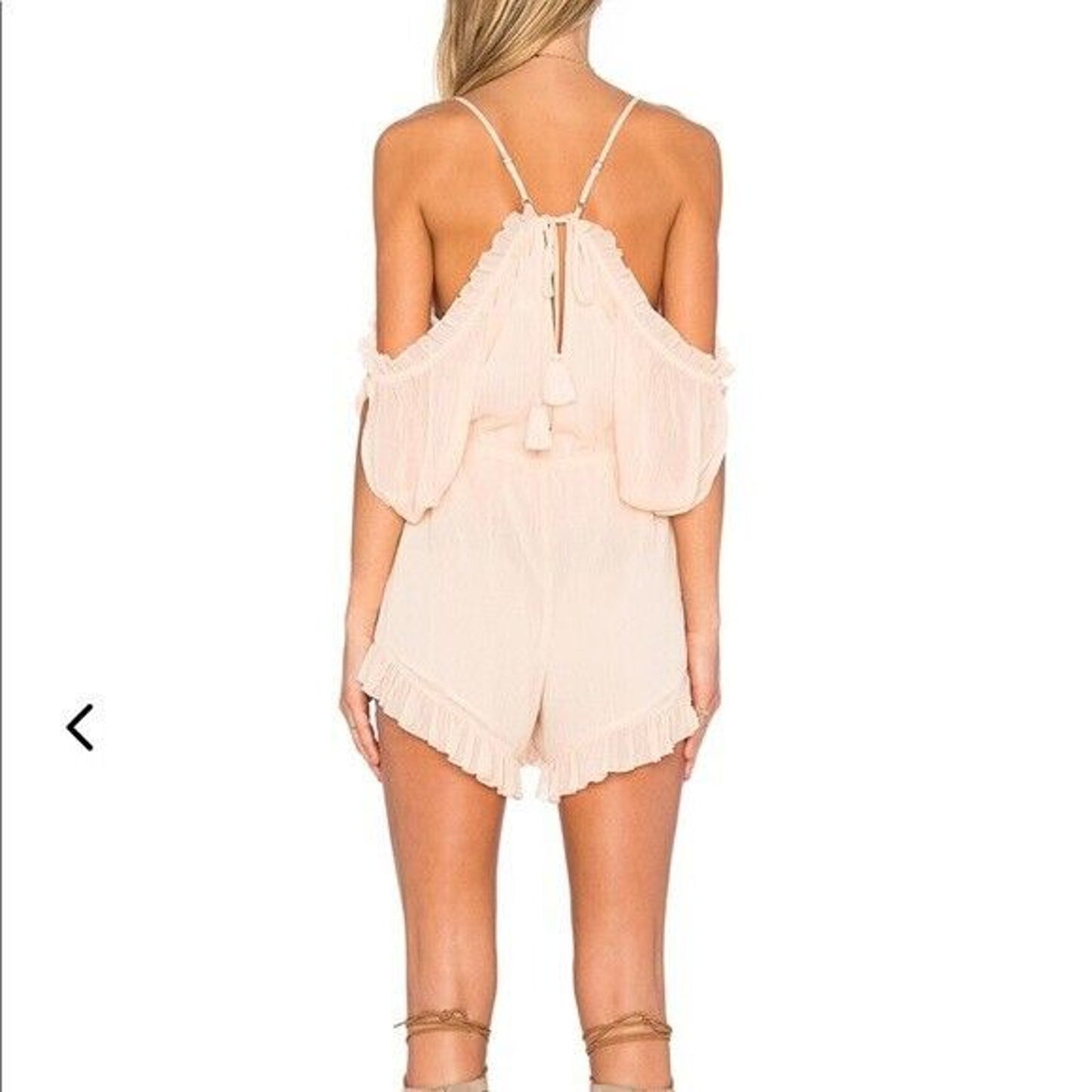 Lovers + Friends Cute Peach Malia Ruffle Cold Shoulder Deep-V Open Back Romper L