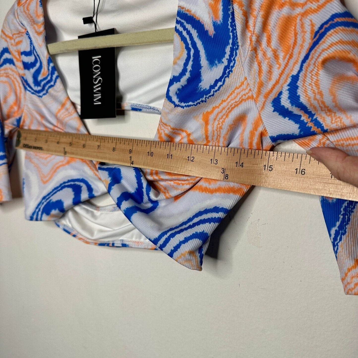 NWT Icon Swim White Blue Orange Sunset Dive Wave Print Twist Front Crop Top Small