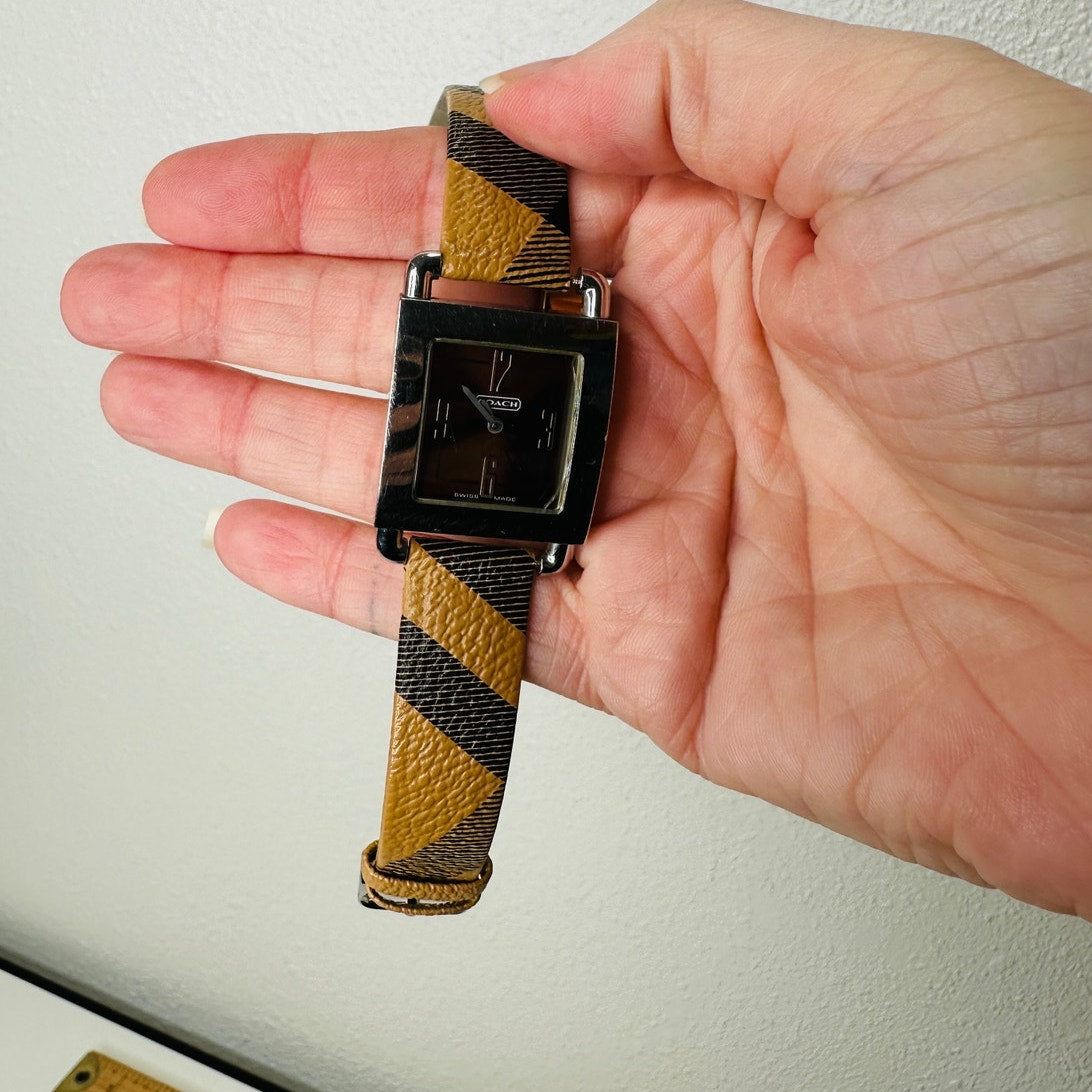 Coach Silver Square Bronze Face Watch Tan Plaid Watchband