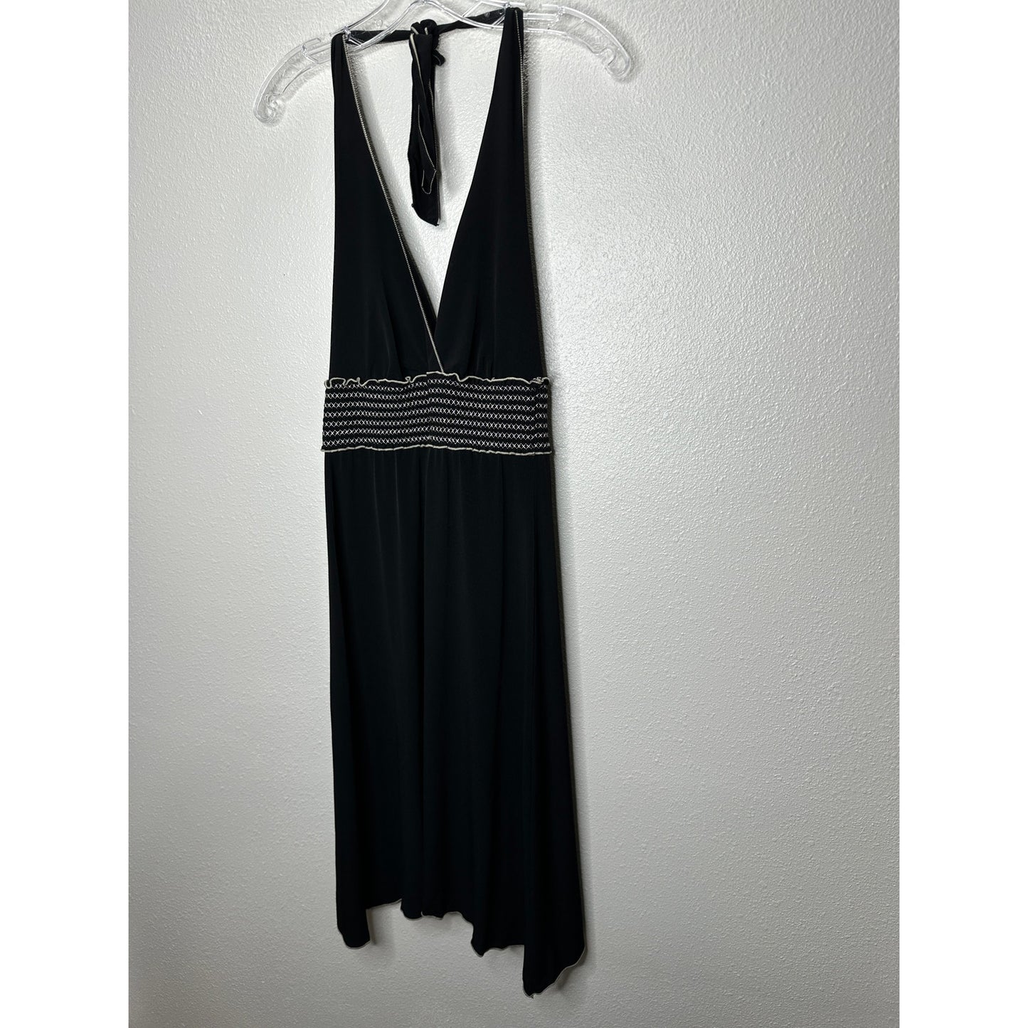Studio M Black Halter Style Open Back White Smocked Sleeveless Dress S