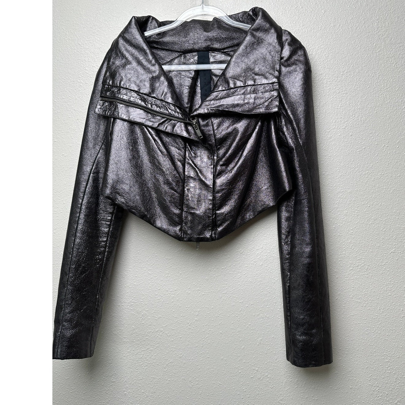 Gareth Pugh gunmetal calf leather cropped jacket women’s 10 draped zip