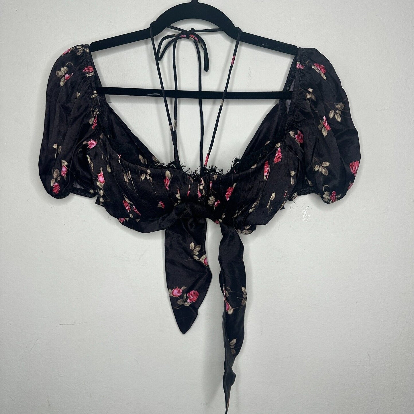 Rat & Boa Bonita Chic Satin Black Pink Floral Tie Top Sweetheart Neck Lace S