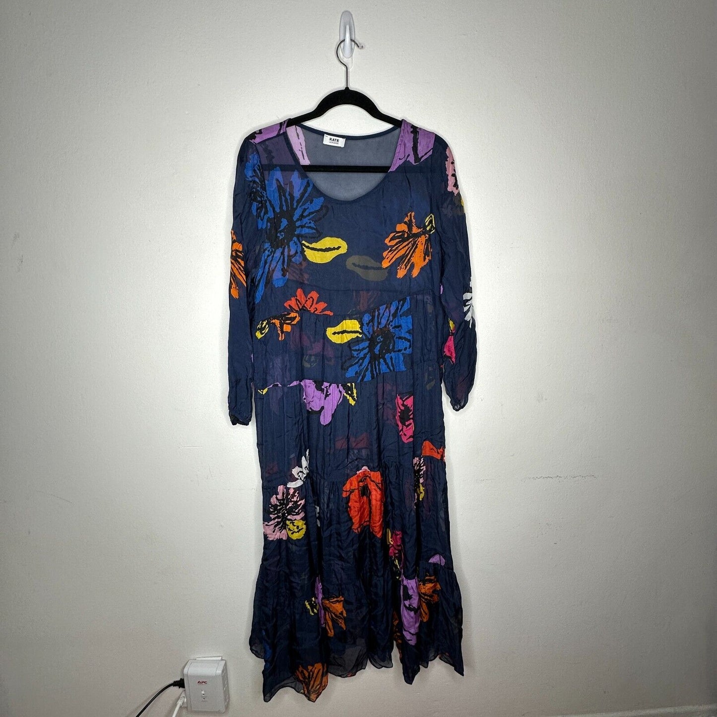Kate by Laltramoda Sheer Navy Multi Floral Boho Midi Dress 3/4 Sleeve Large