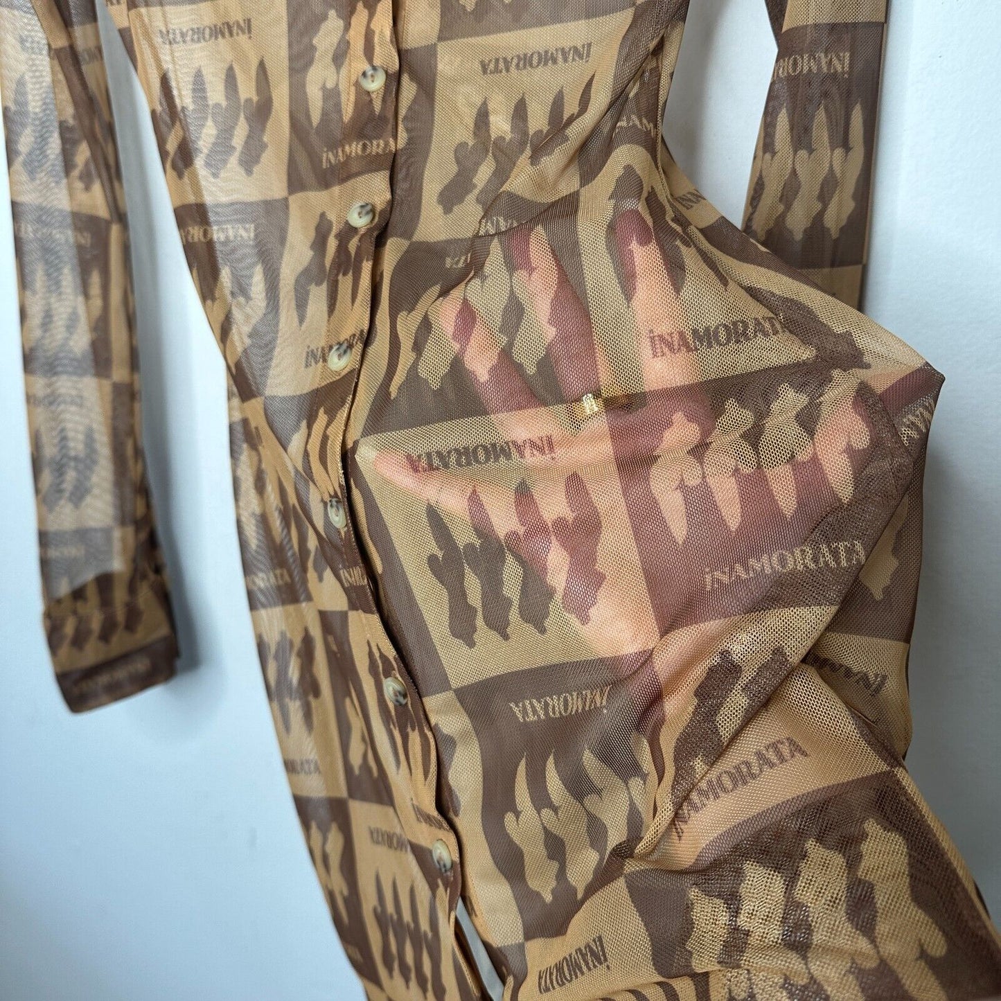 Inamorata Riviera Brown Check Mesh Dress Long Sleeve Button Up Mini Dress S