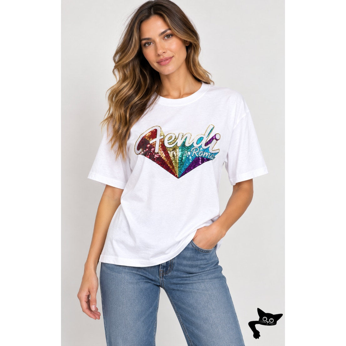 Fendi White Short Sleeve Round Neck Rainbow Sequined Fendi Roma Graphic Tee L